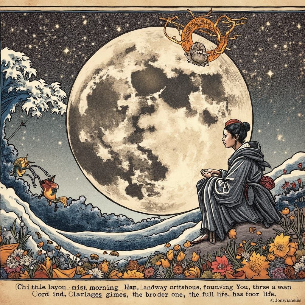 Lotus Blooms Under Morning Moonlight in Haiku Style Lithogra...