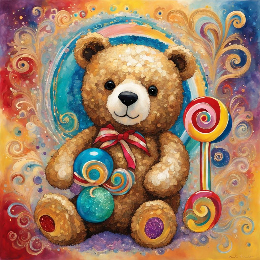 Whimsical Teddy Bear Holds a Bursting Lollipop Surprise