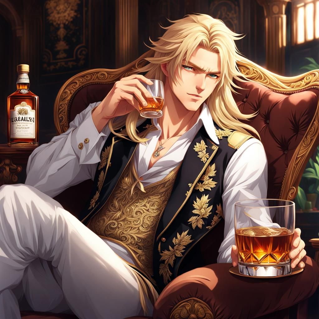 Anime Portrait of Man Drinking Whiskey