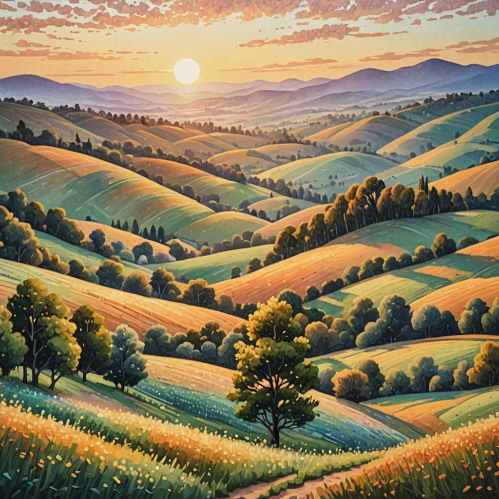 Pointillist Landscape with Rolling Hills at Sunset