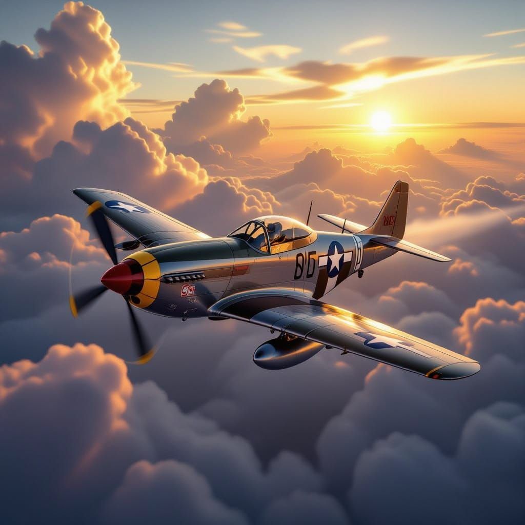 P-51 Mustang Soaring Through Clouds at Golden Hour