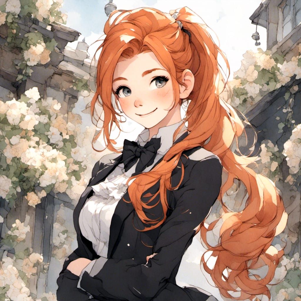 Fox-girl VIXEN ginger hair ponytail, wearing a feminine tuxedo, smiling, prom background