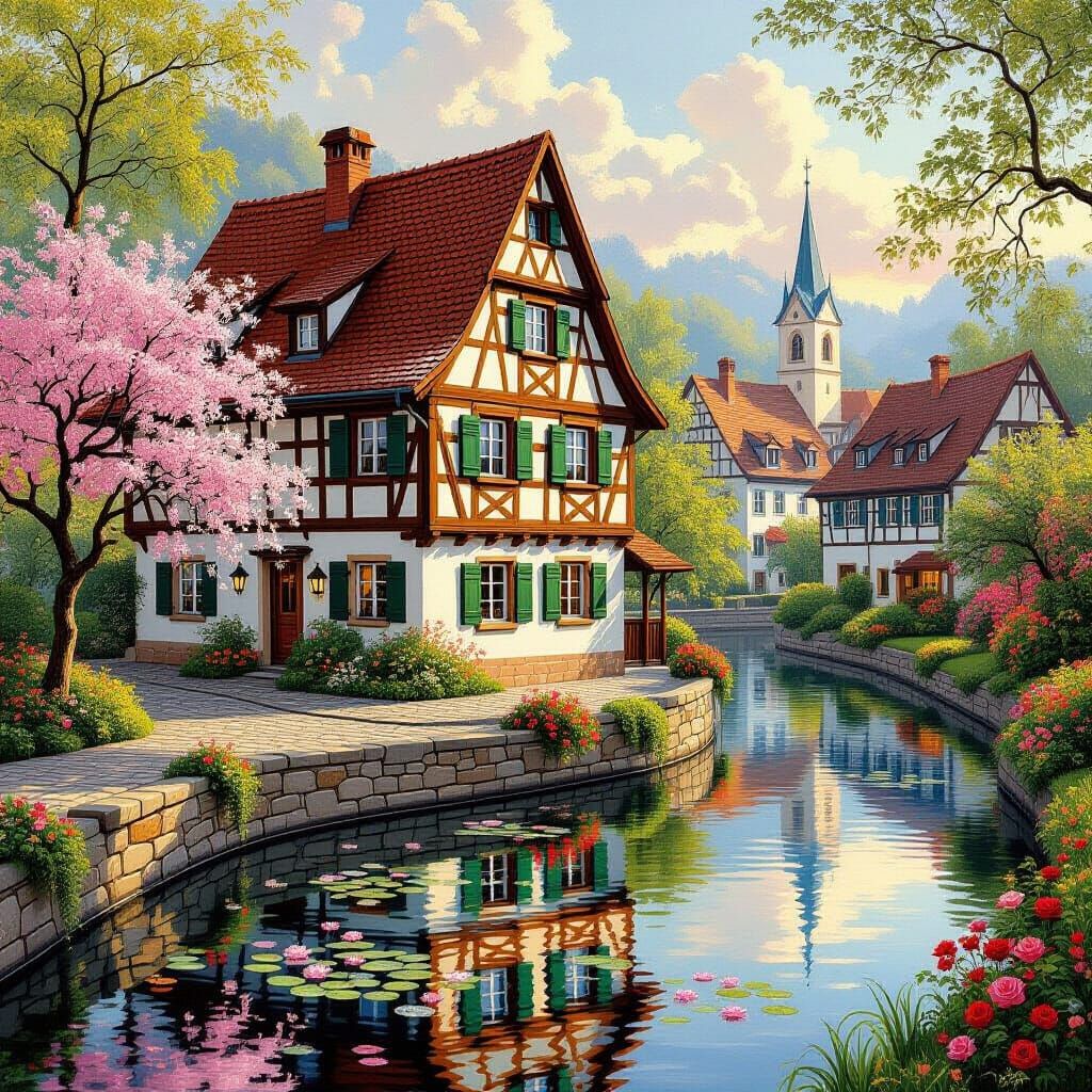 Oil Painting of European Cottage by Pond at Sunset