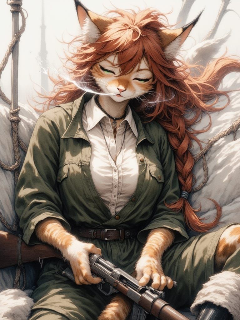 Defiant Cat Smoker in Expressionist Watercolor Style