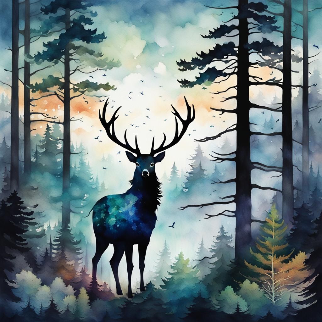 Feather Watercolor Landscape of Rainy Forest