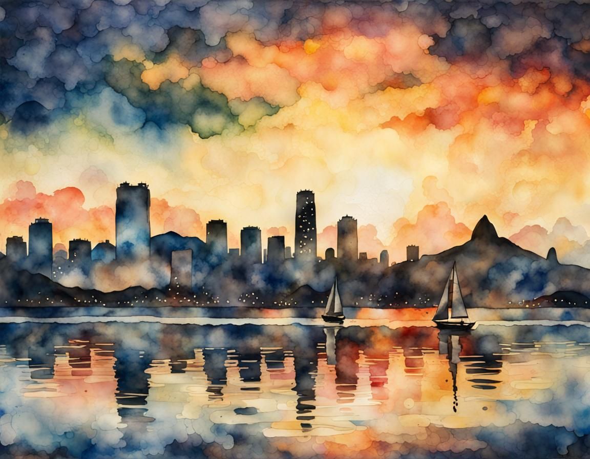 Rio de Janeiro Skyline in Encaustic Watercolor