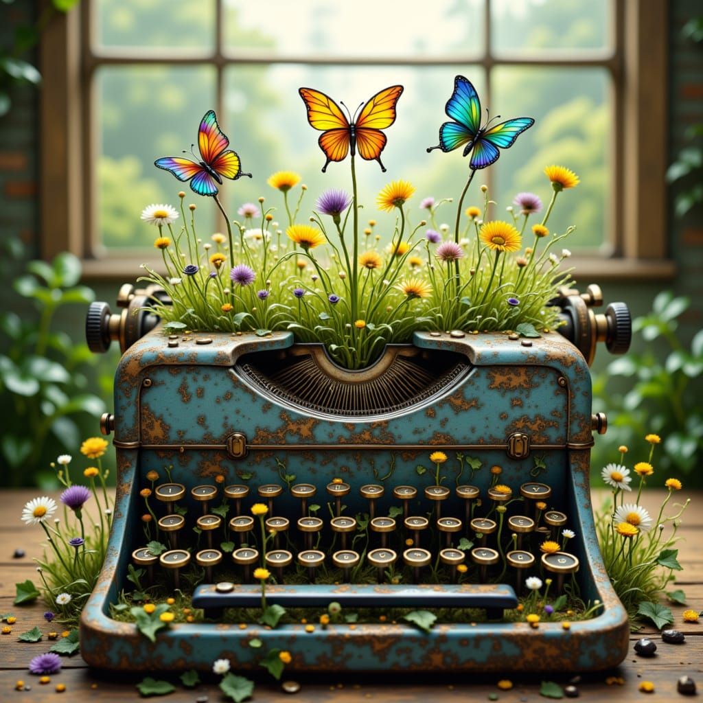 Typewriter with Glass Flowers and Butterflies in Sunlight