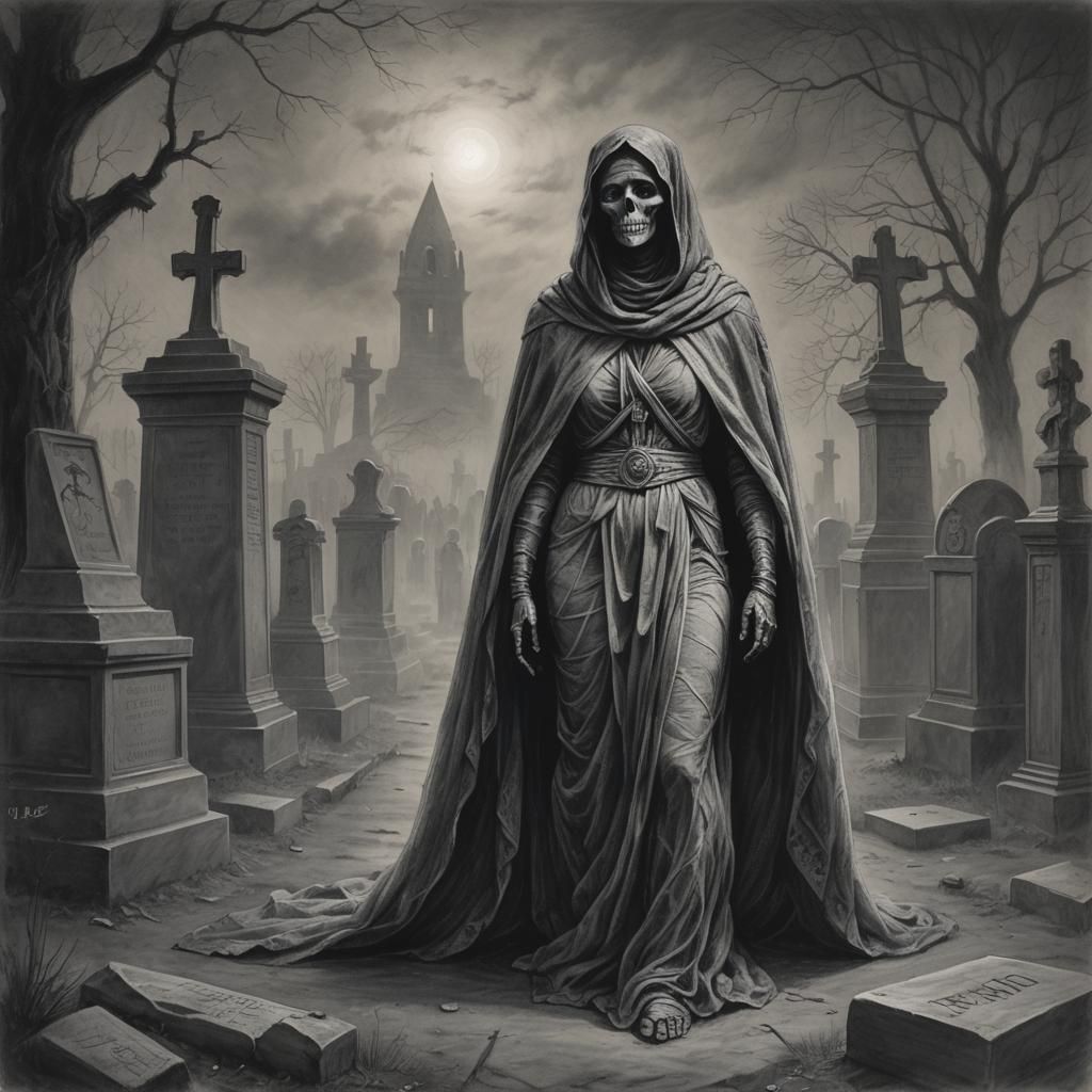 Mysterious Mummy in Foggy Cemetery: Charcoal Drawing