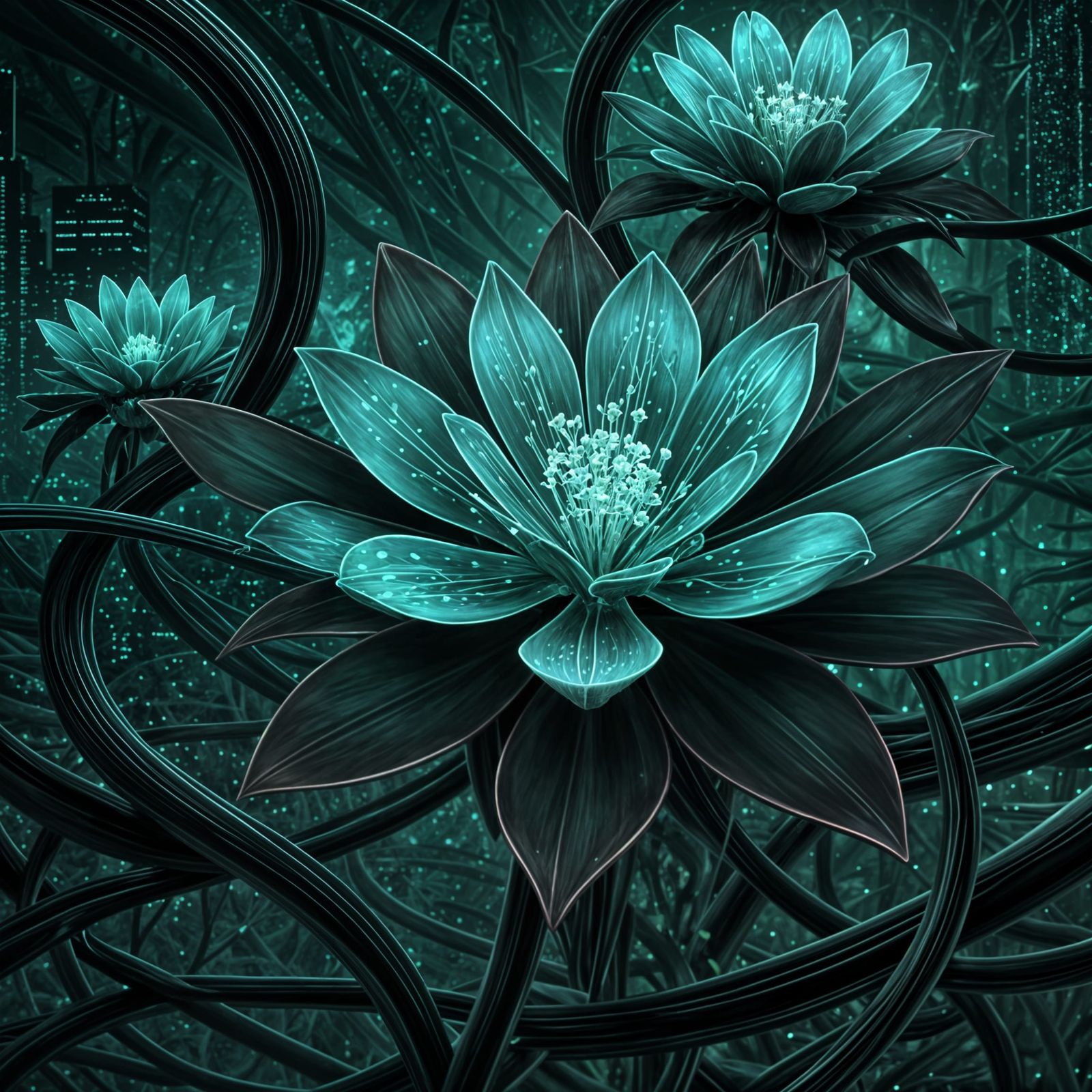 Turquoise Bioluminescent Flowers Bloom in Digital Garden