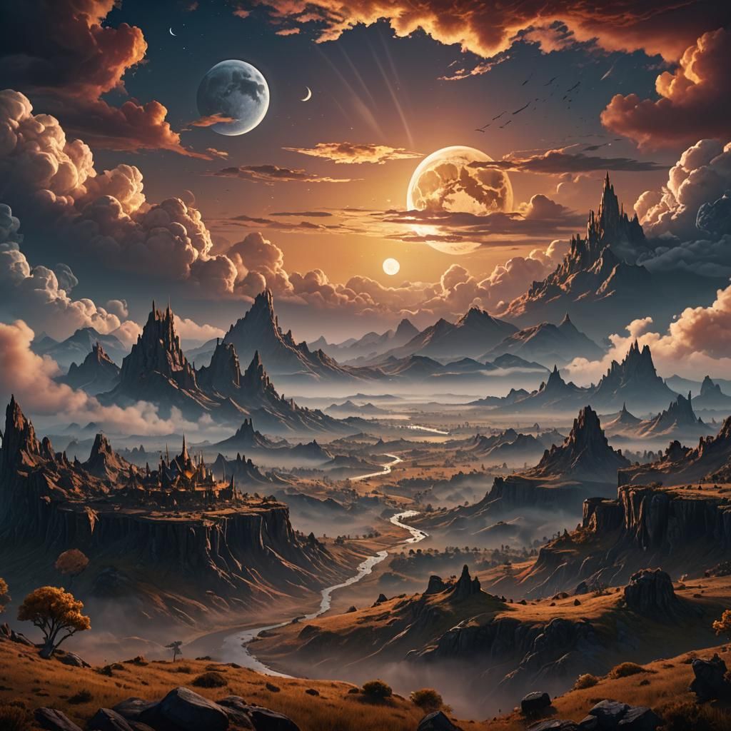 Epic Sunrise Landscape with Rising Moon