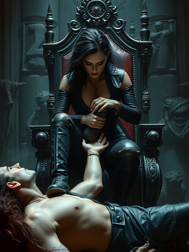 Dominant Woman in Leather in Dungeon, Cinematic Style