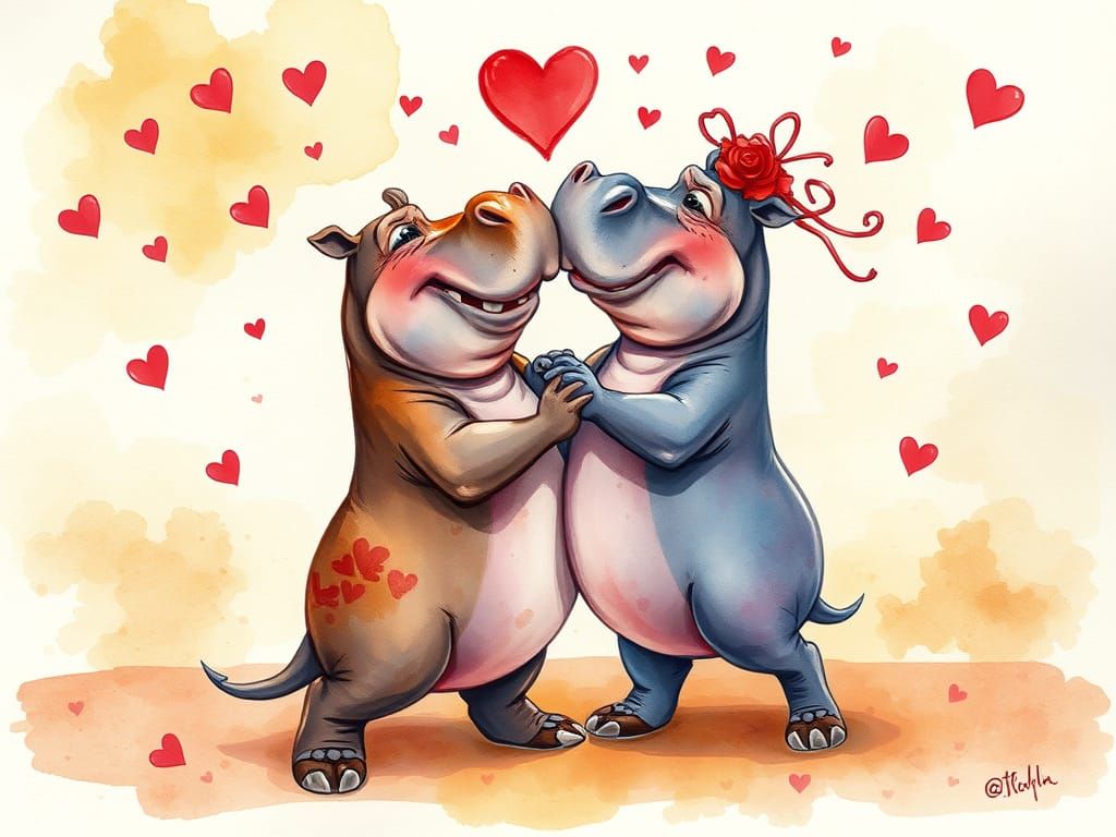 Tangoing Hippos in Whimsical Watercolour Valentine's Masterp...