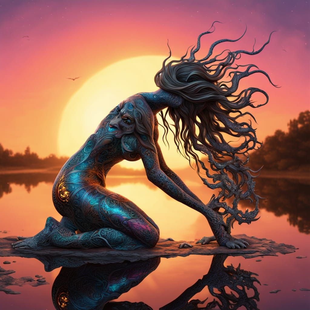 Surreal Fragmented Sculpture of Woman at Sunset