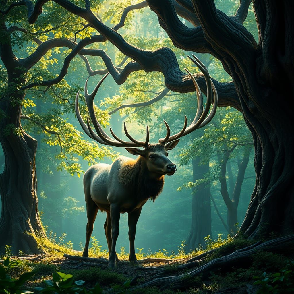 Elk Gazing in Mystical Forest: Cinematic Matte Painting