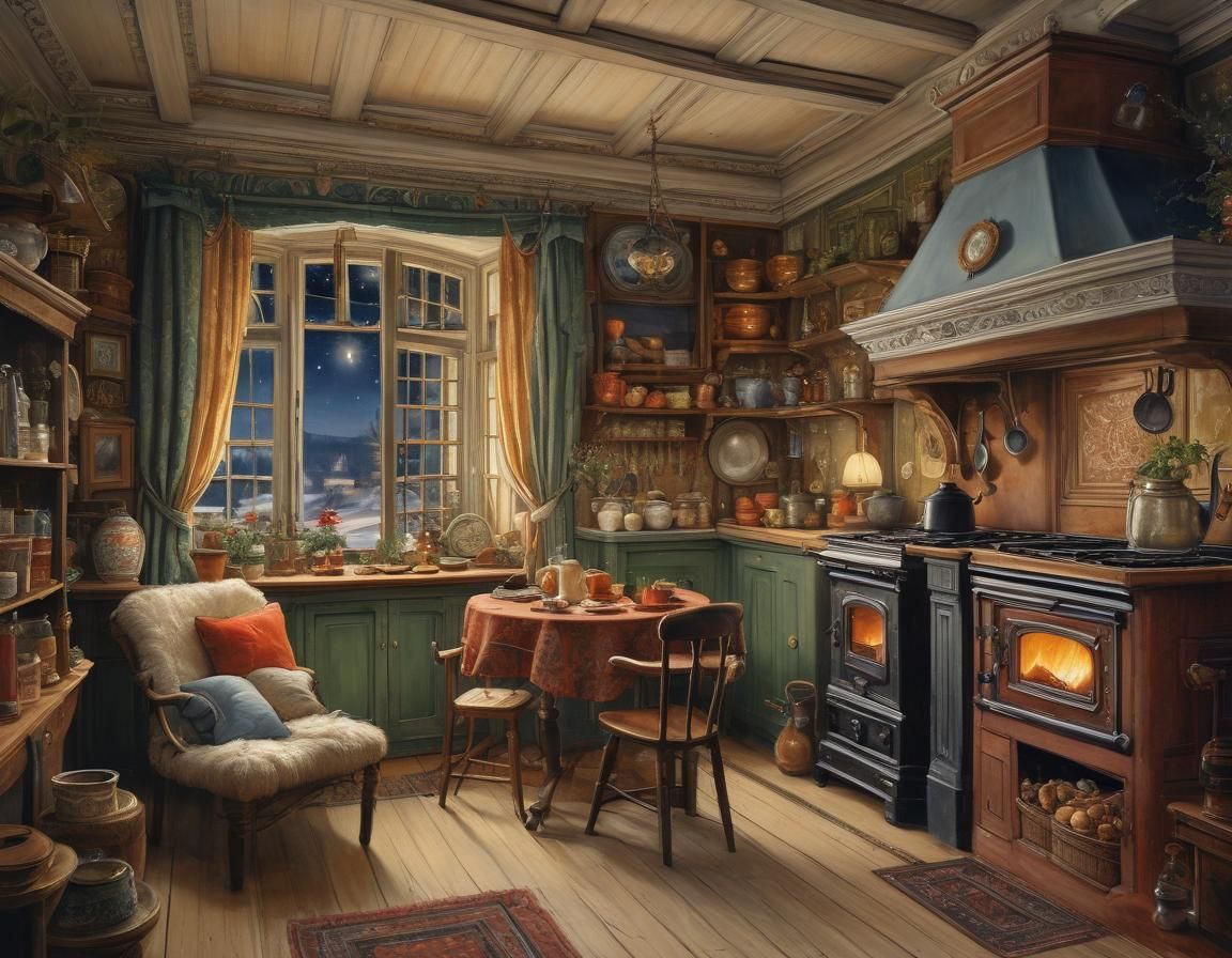 Cozy Kitchen with Starry Night, Classic Painting