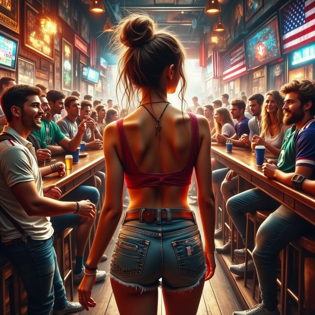 Vibrant Waitress in Football Bar, Super Hyperrealism