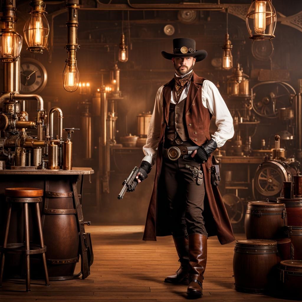 Cowboy Enters Steampunk Saloon with Revolver