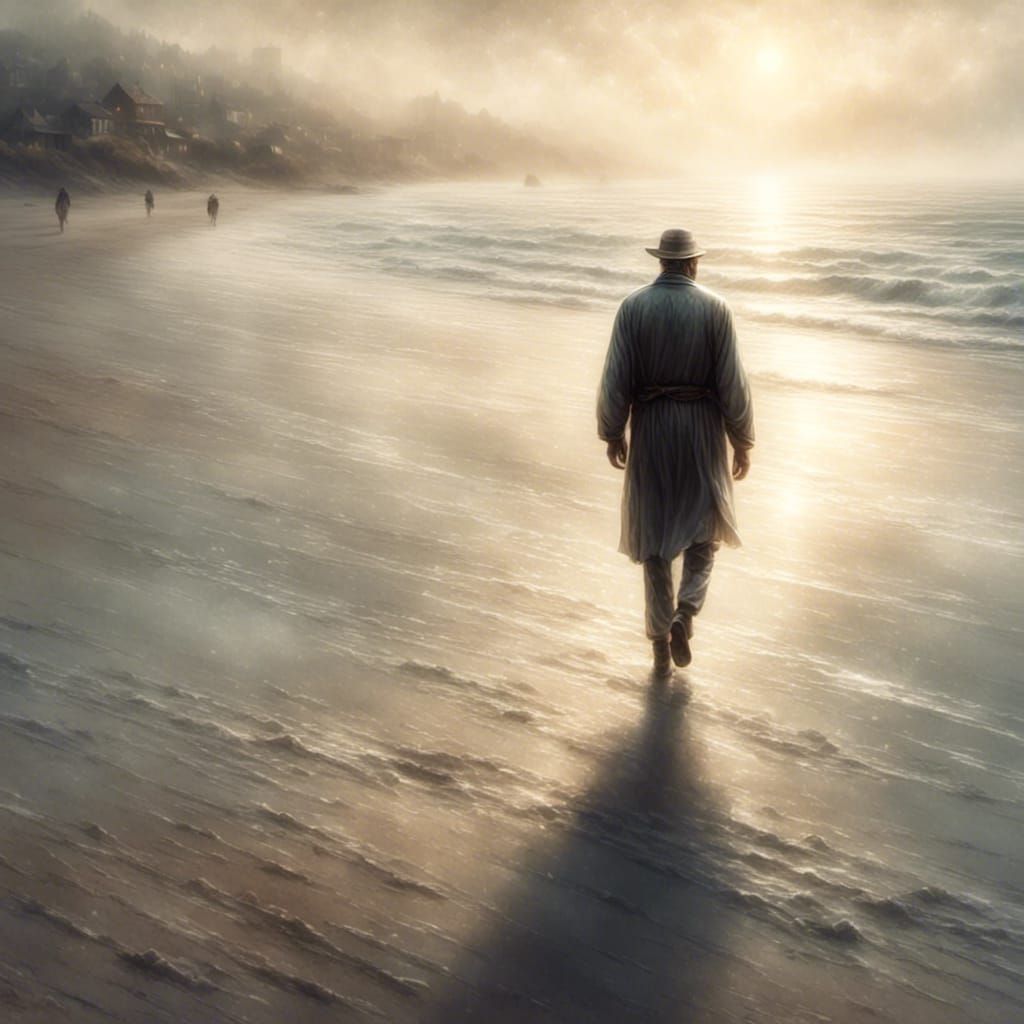 Ethereal Beach Scene of Solitary Man in Silver