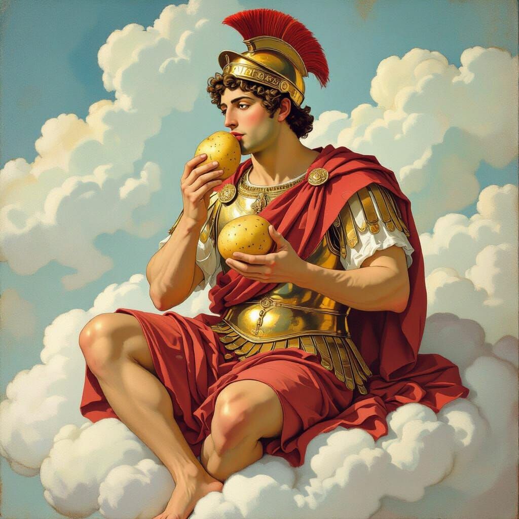 Roman Mercury Eats Potato on Cloud, Whimsical Art Style