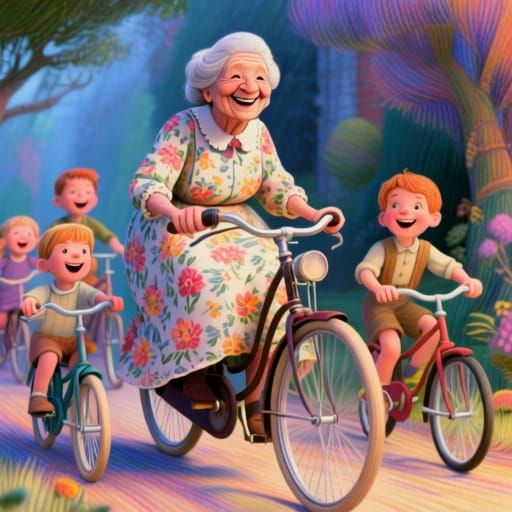 Whimsical Grandmother's Bicycle Ride: Rackham-esque Art