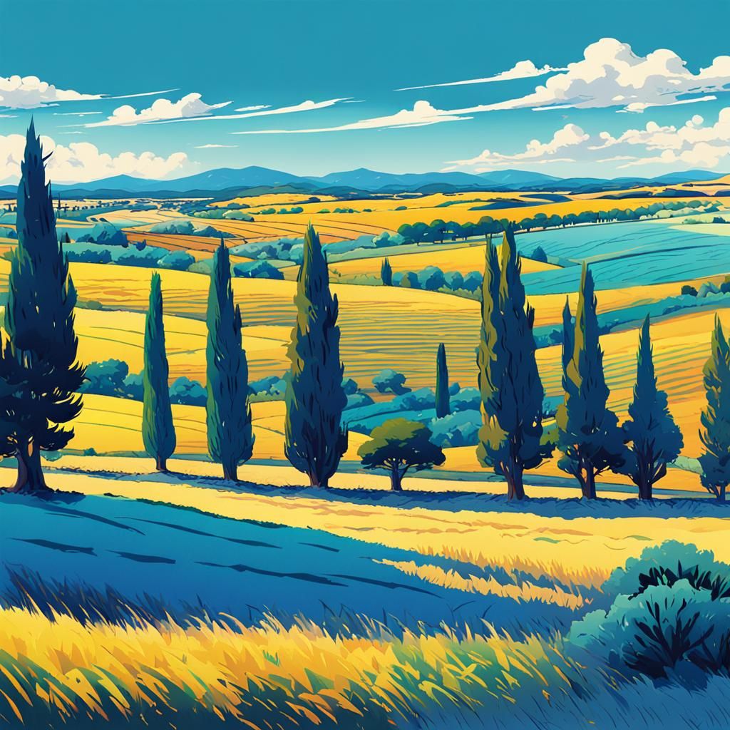 Anime Landscape with Cypress Trees in Cel-Shaded Style