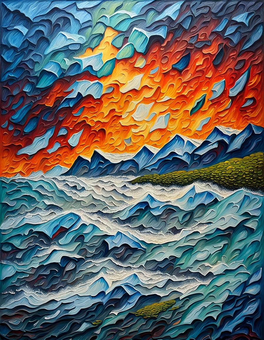 Iceland Storm in Impasto Style Oil Painting