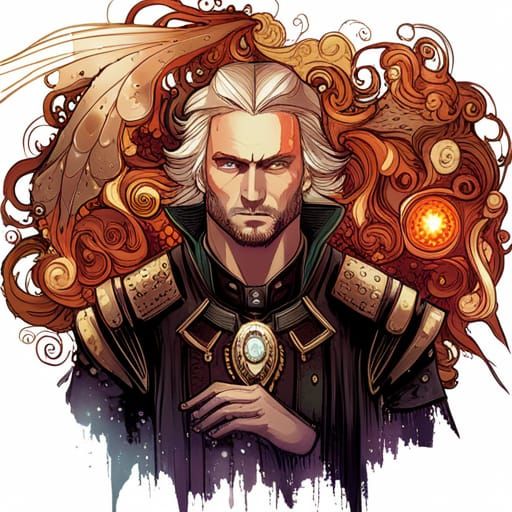 Steampunk Witcher with Golden Outlines and Intricate Motifs