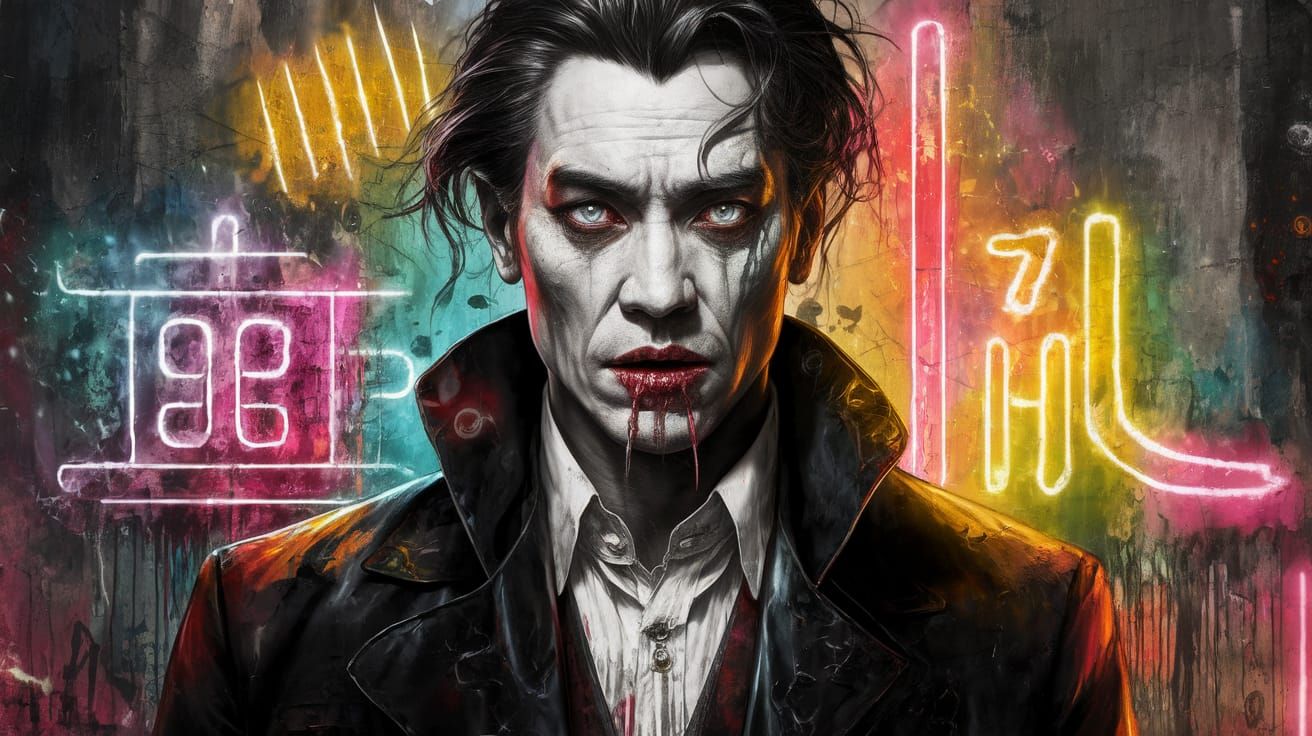 Urban Graffiti Vampire Mural with Neon Accents