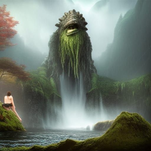 Foggy Waterfall Scene with Swimming Couple