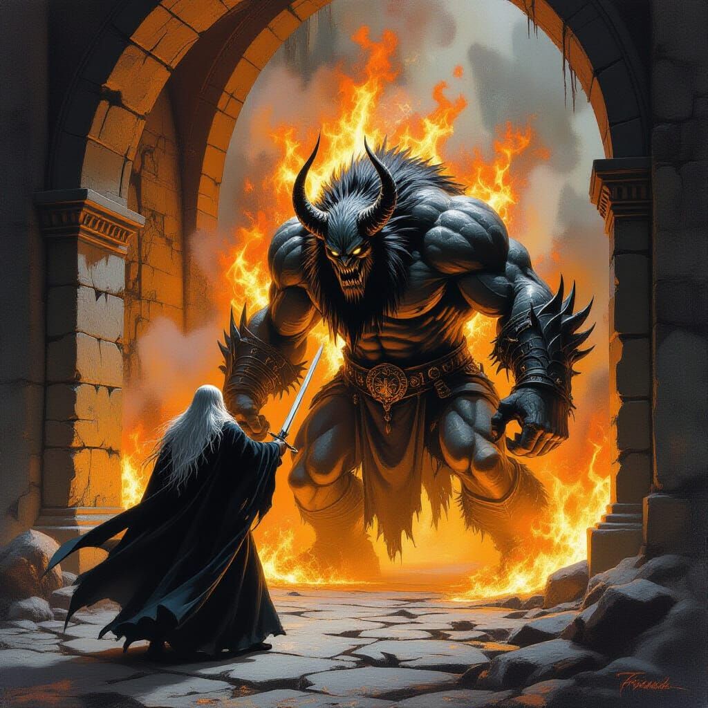 Wizard Faces Balrog: An Oil Painting Masterpiece