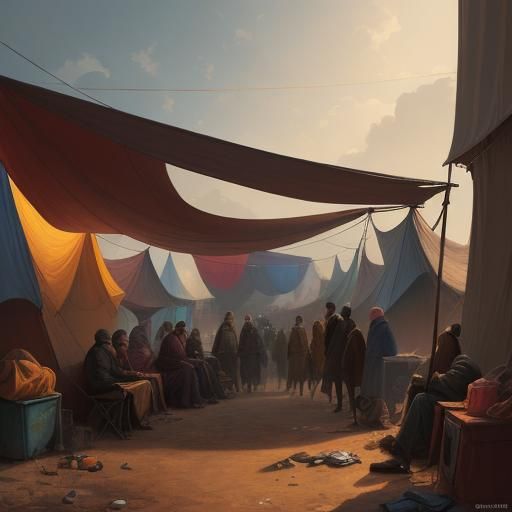 Worried Refugees in Crowded Camp: Hyperrealistic Concept Art