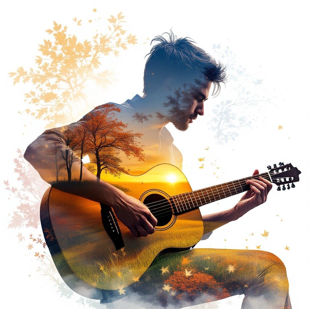 Vibrant Guitarist in Whimsical Seasons' Dance