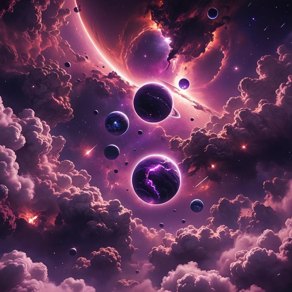 Purple Planets and Moons in Deep Space Art
