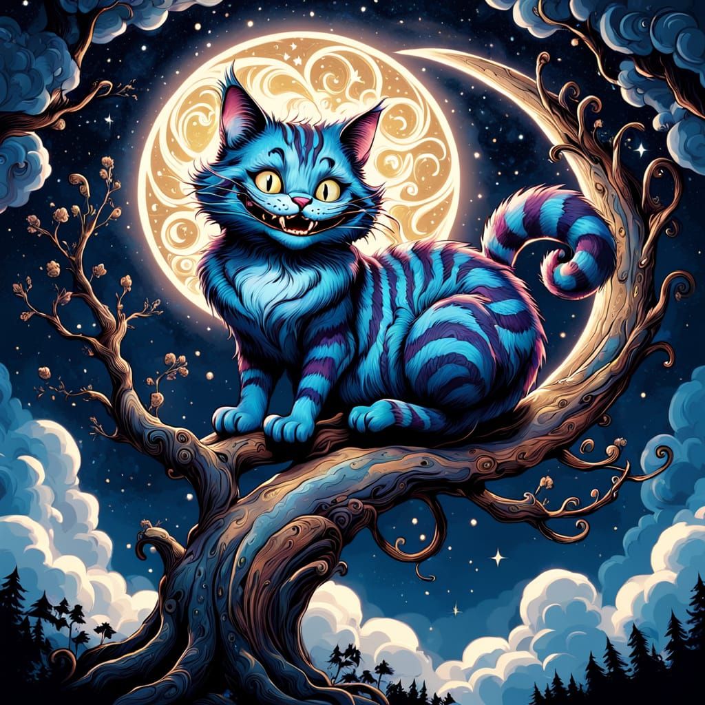 Whimsical Cheshire Cat under Celestial Glow