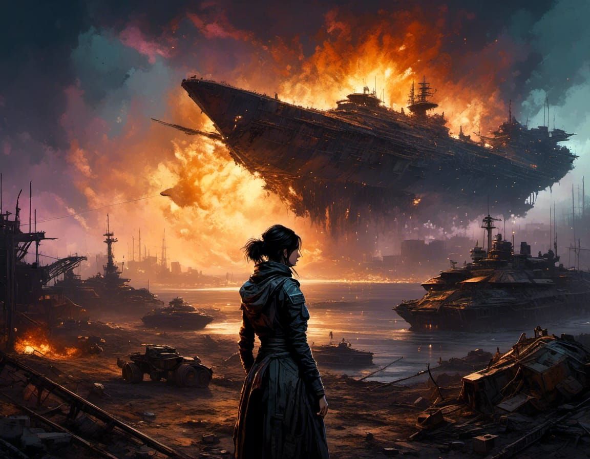 Cyborg Watches Battleship Fall in Trashpunk Apocalypse
