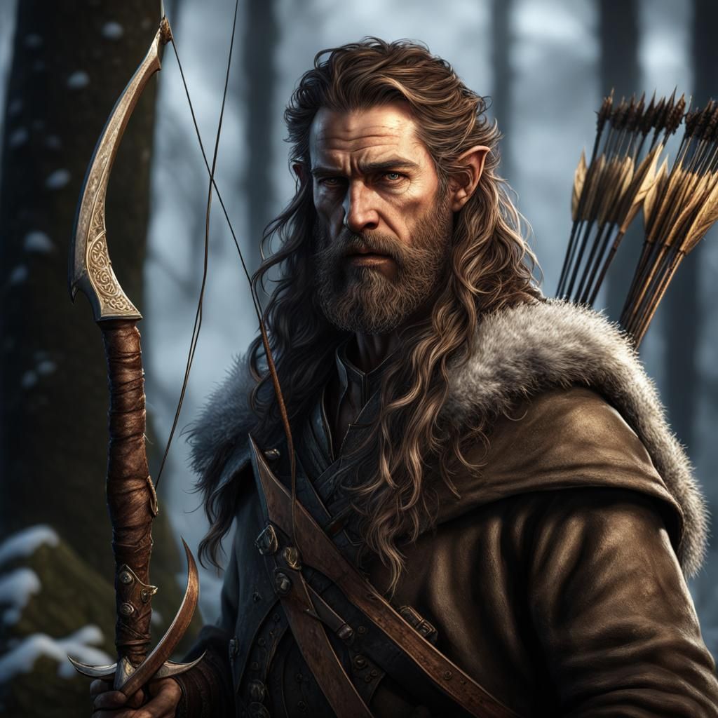 Stern Elf Archer in Snowy Landscape: Dark Fantasy Art