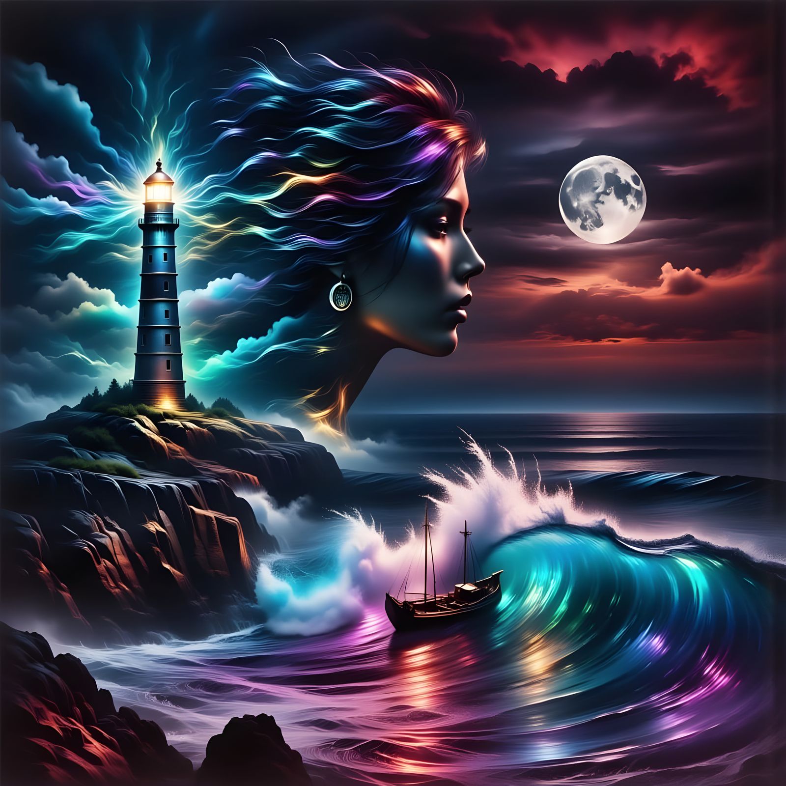 Lighthouse Goddess in Double Exposure Style