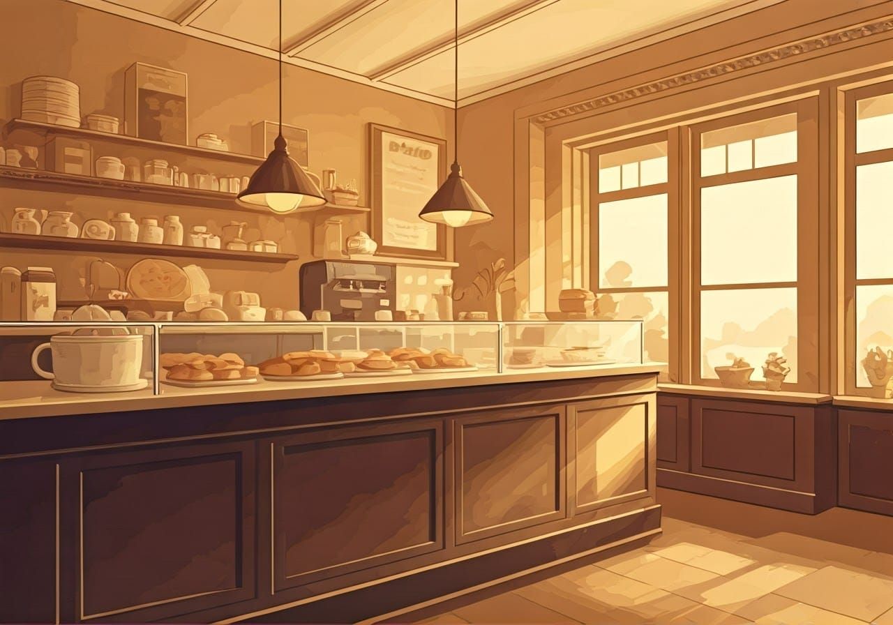 Whimsical Bakery Scene in Folk Art Style