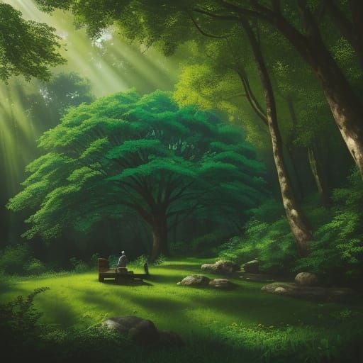 Realistic Oil Painting of Man in Forest Shade