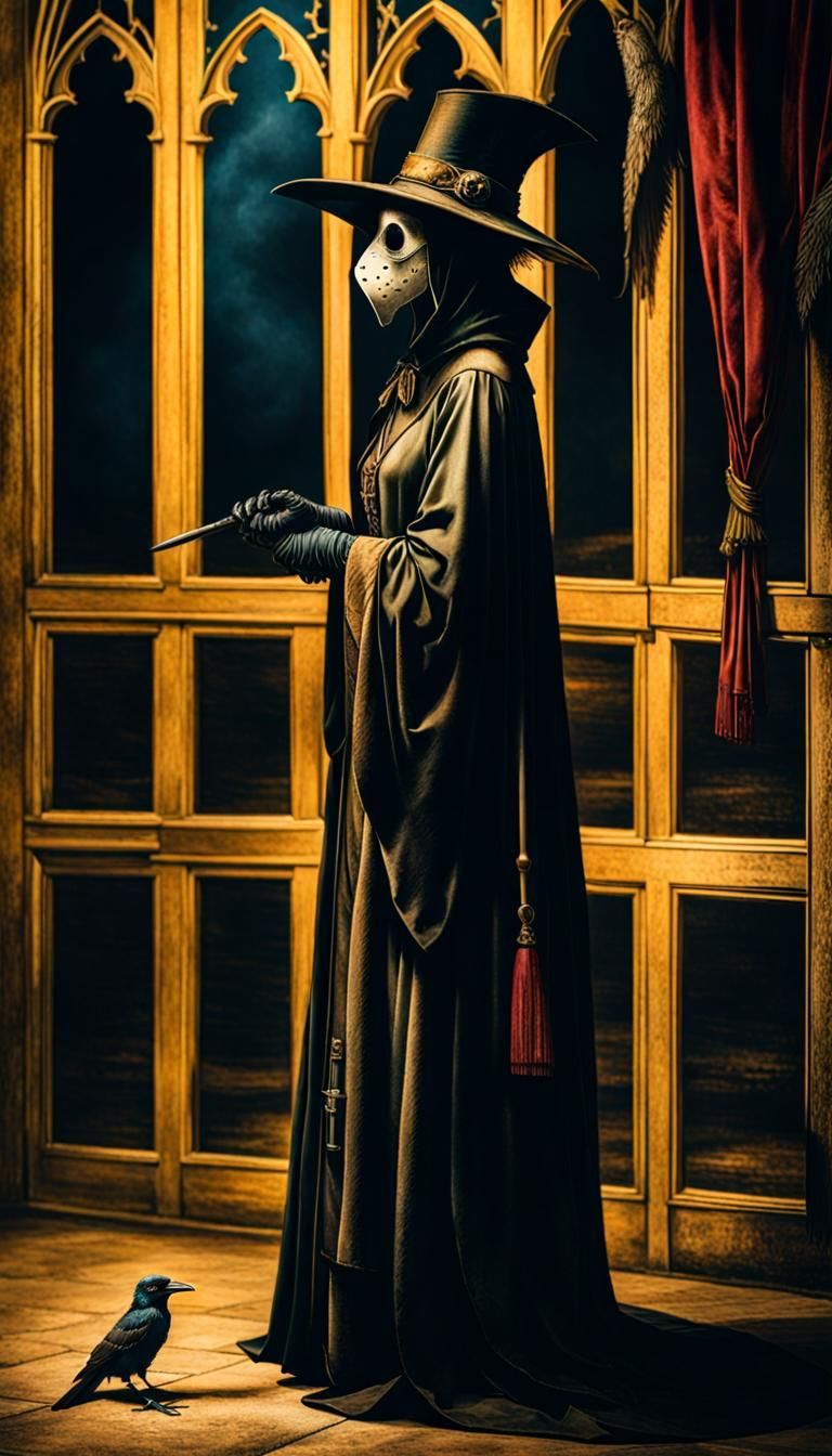 Plague Doctor and Ill Woman: Medieval Etching