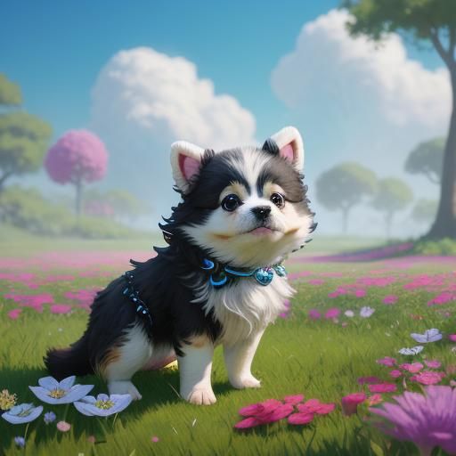 Cute Fluffy Puppy Hovering Over Flowers