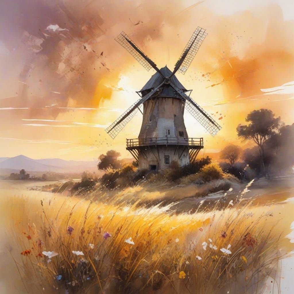Ethereal Windmill Scene in Vibrant Watercolour Style