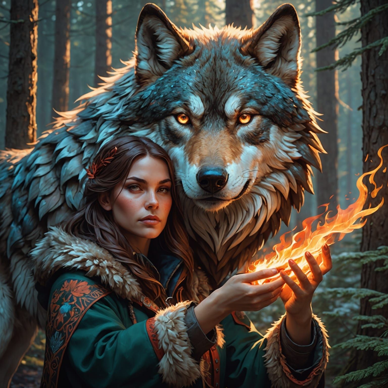 Surreal Beauty Embraces Fiery Wolf in Mystical Fir Forest