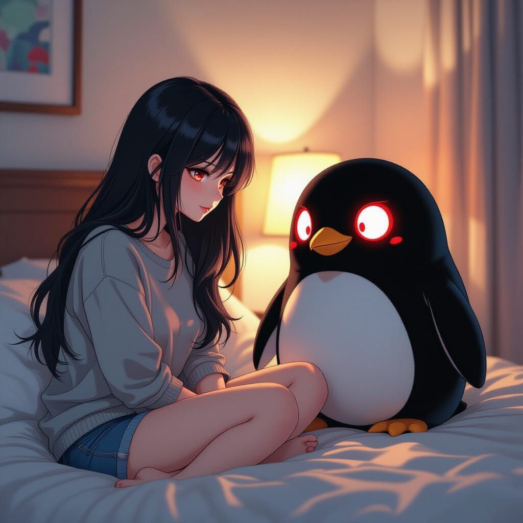 Woman Gazes at Menacing Penguin Toy in Hyper-Realistic Manga...