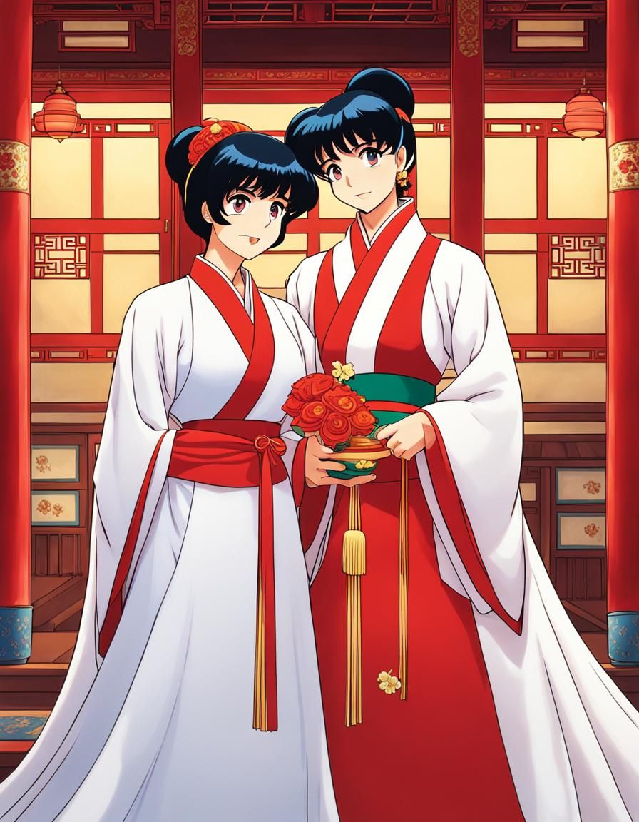 a lesbian anime scene inspired by Ranma 1/2. Picture Ranma Saotome in her female form, wearing a stunning red Chinese we...