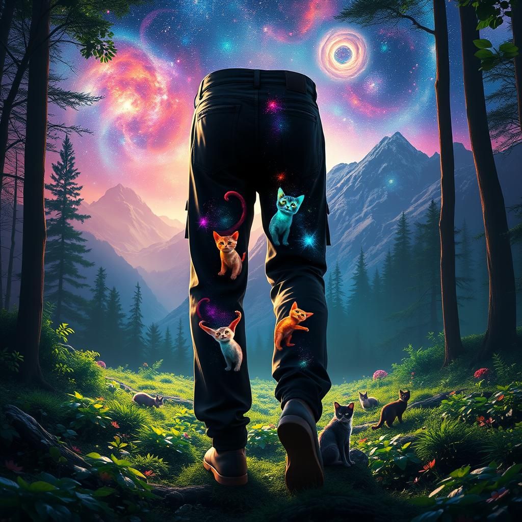 Cosmic Cats Dance in Surreal Pants Silhouette