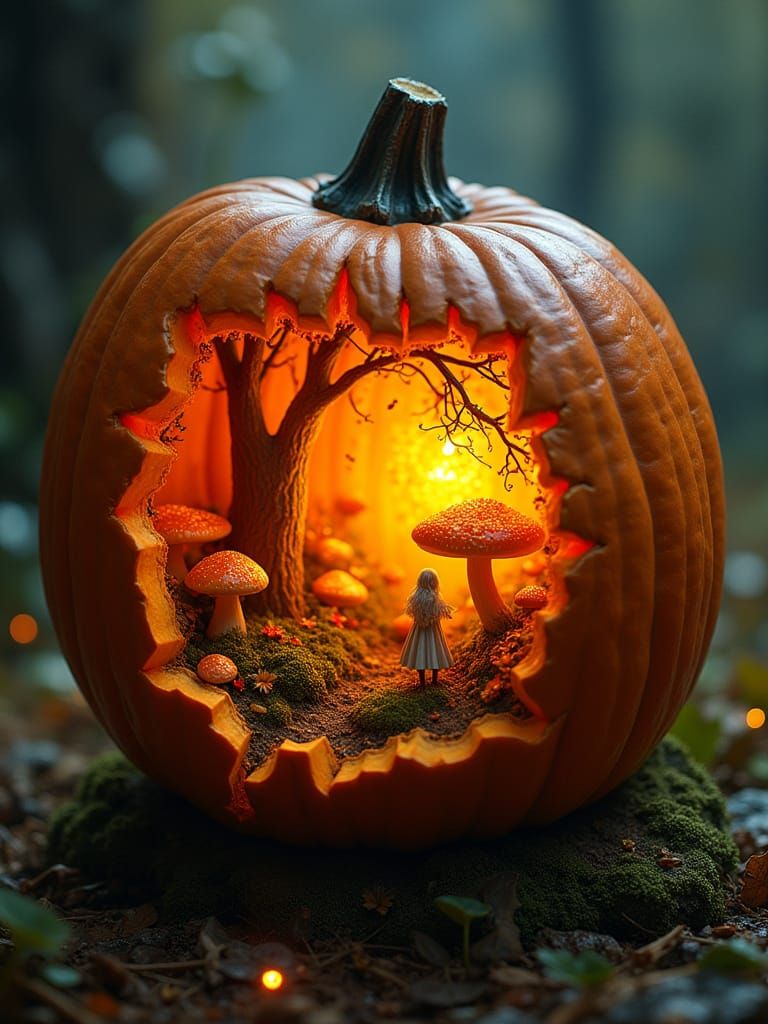 Enchanted Forest Inside Glowing Carved Pumpkin