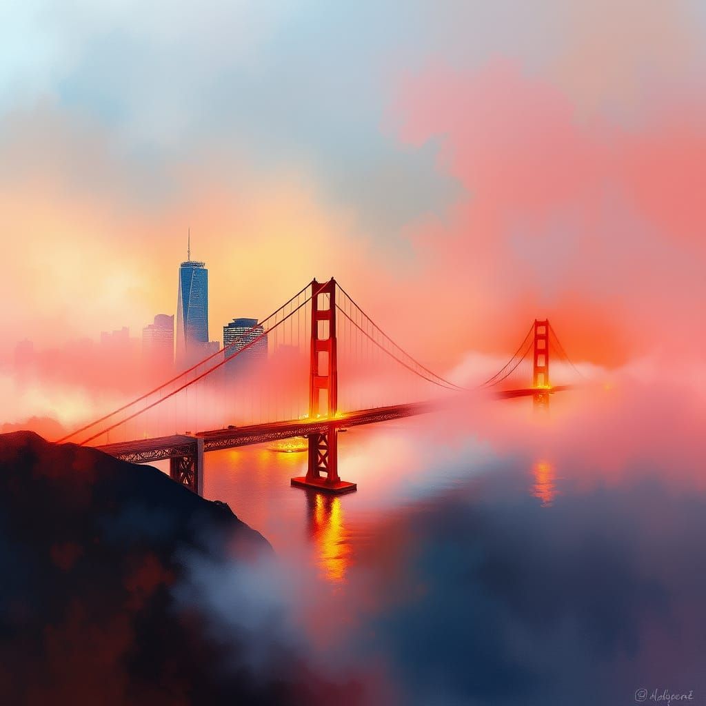Golden Gate Bridge in Colorful Mist, Hyperrealistic Watercol...