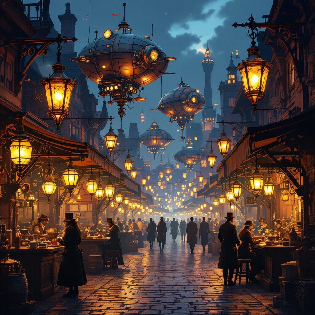 Steampunk Metropolis: Bustling Night Market Scene