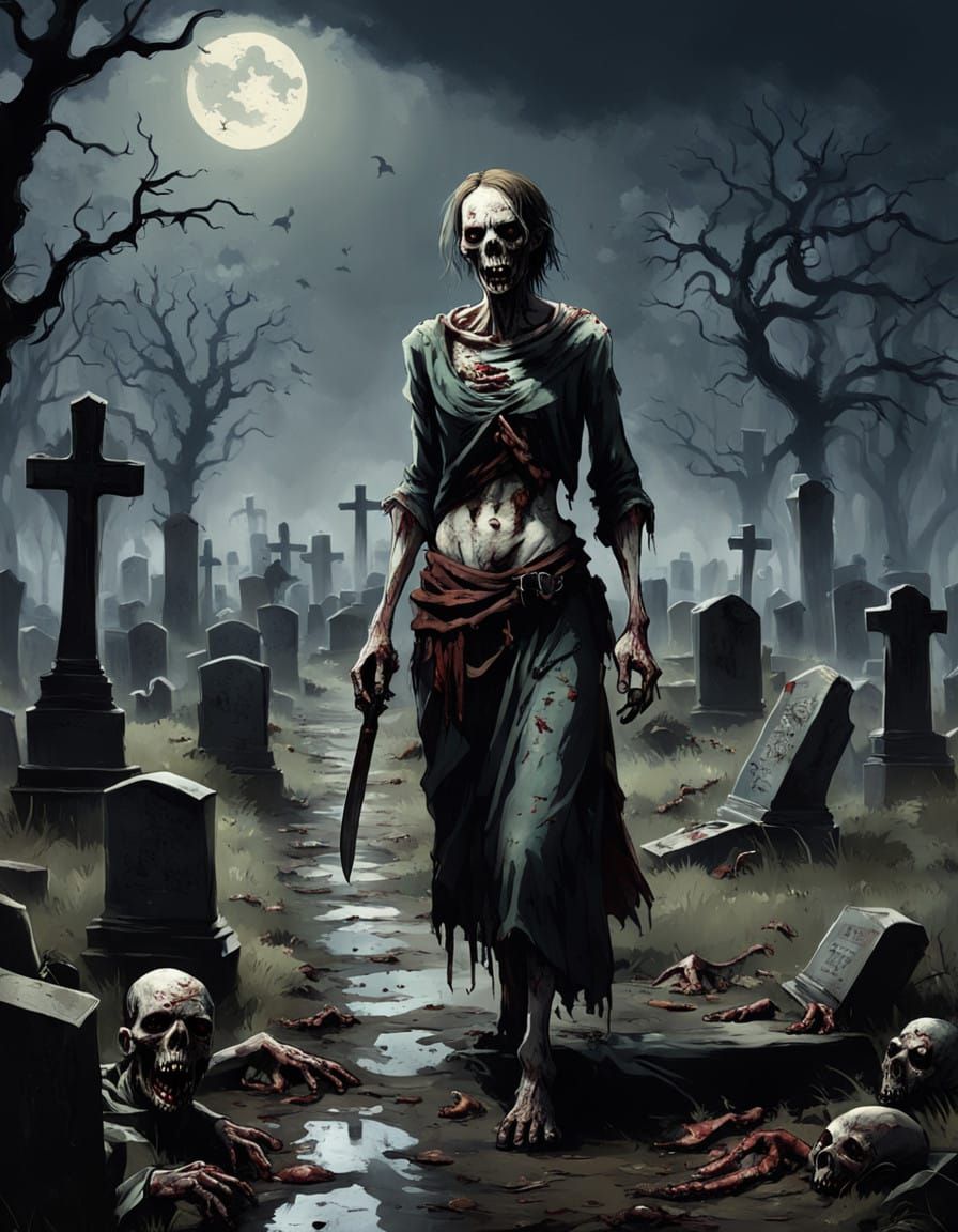 Gloomy Zombies in Abandoned Graveyard